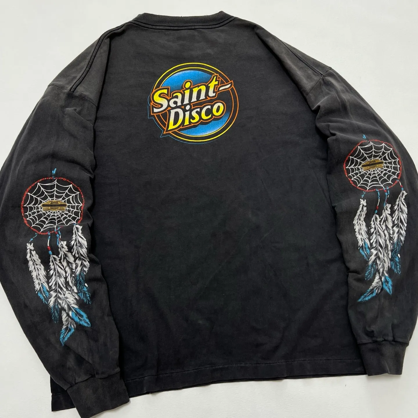 SAINT Mxxxxxx x TEFLON DISCO SAINT DISCO ML_LS TEE/BLK Eagle Feather Spider Web Distressed Long Sleeve S-XL Ready-to-wear Assute dyeing, water spray fading treatment, customized TEFLON DISCO co-branded accessories, hand-splashed ink, wormhole fraying treatment, genuine level printing process